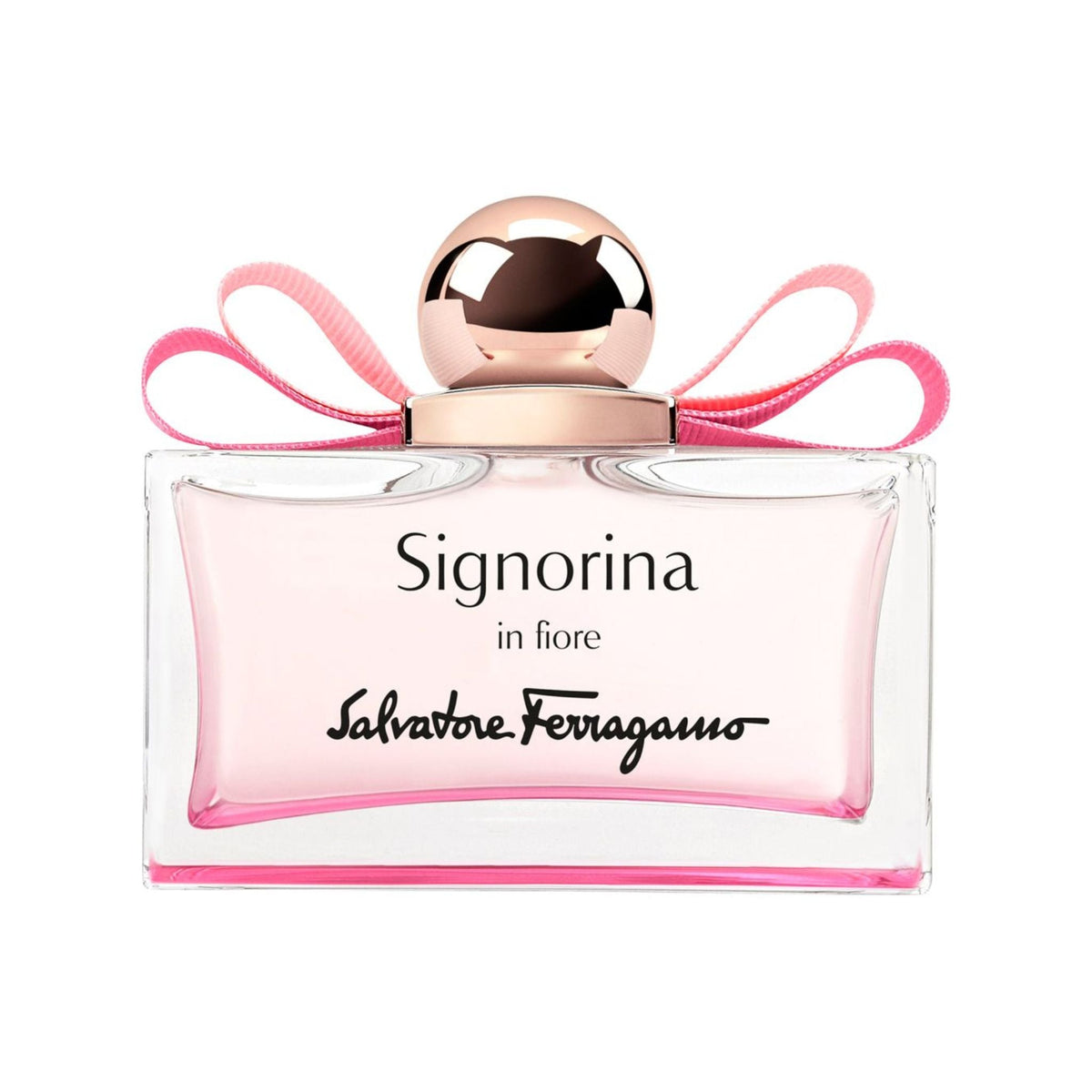 Refect Beauty Salvatore Ferragamo Signorina In Fiore Eau de Toilette in a glass bottle with a pink bow and gold cap.