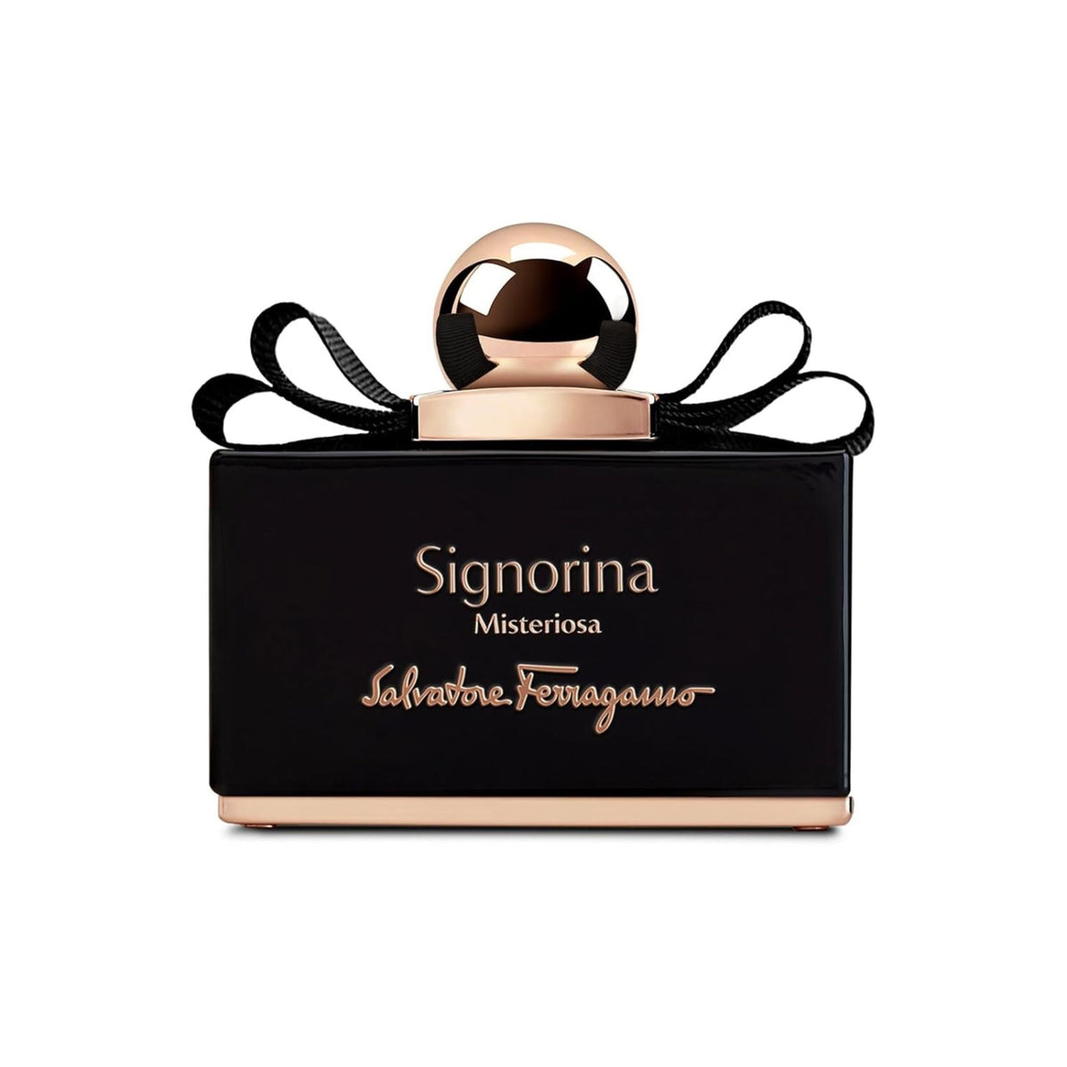 Refect Beauty Salvatore Ferragamo Signorina Misteriosa perfume bottle in black glass with a gold cap and black bow