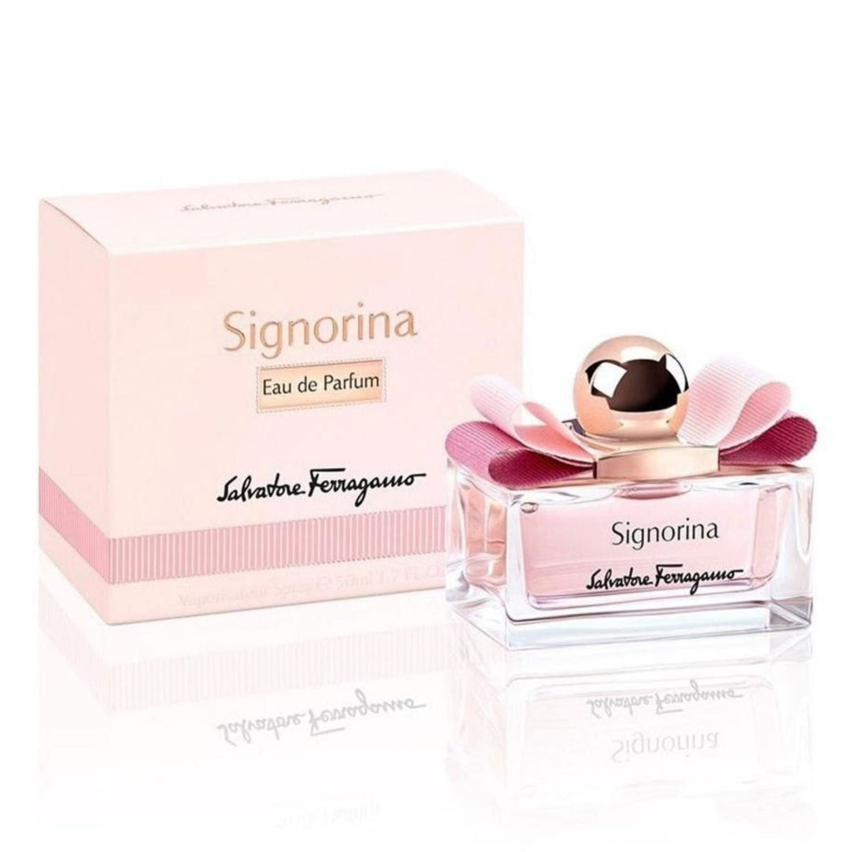 Refect Beauty Salvatore Ferragamo Signorina Eau de Parfum bottle and pink box with signature bow detail