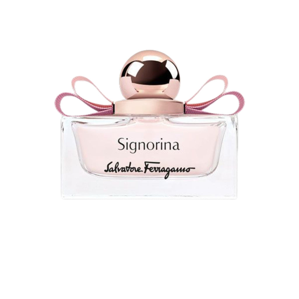 Refect Beauty Salvatore Ferragamo Signorina Eau de Parfum in a clear glass bottle with a pink bow and rose gold cap