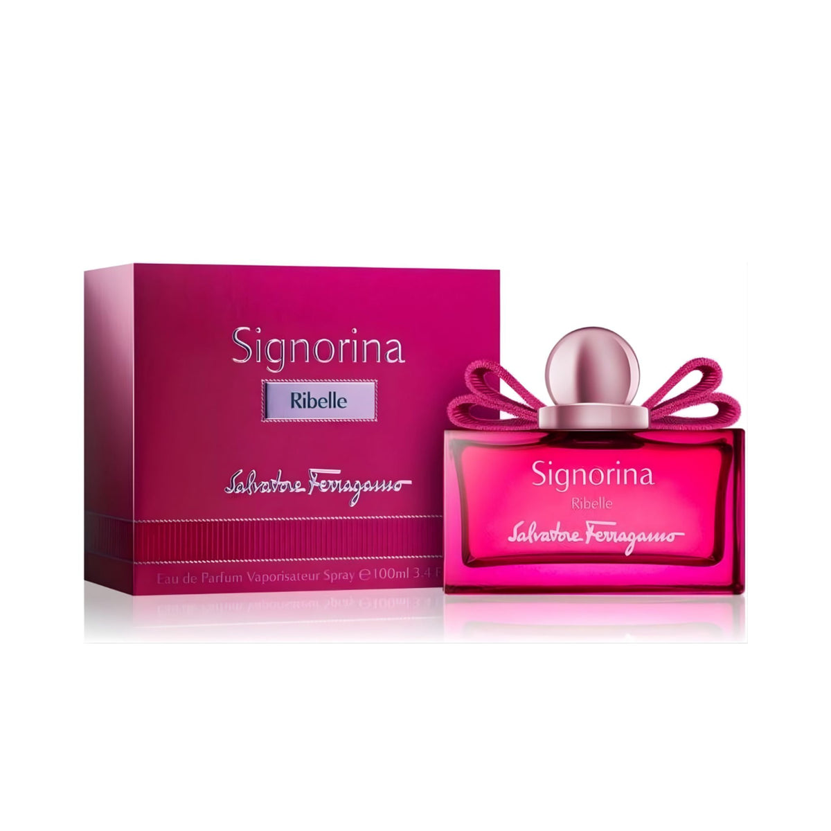 Refect Beauty Salvatore Ferragamo Signorina Ribelle Eau de Parfum in a vibrant pink bottle with a signature bow cap.