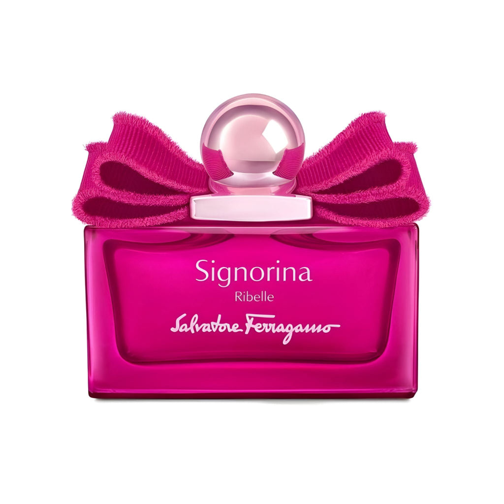 Refect Beauty Salvatore Ferragamo Signorina Ribelle Eau de Parfum in a vibrant pink glass bottle with a fabric bow.