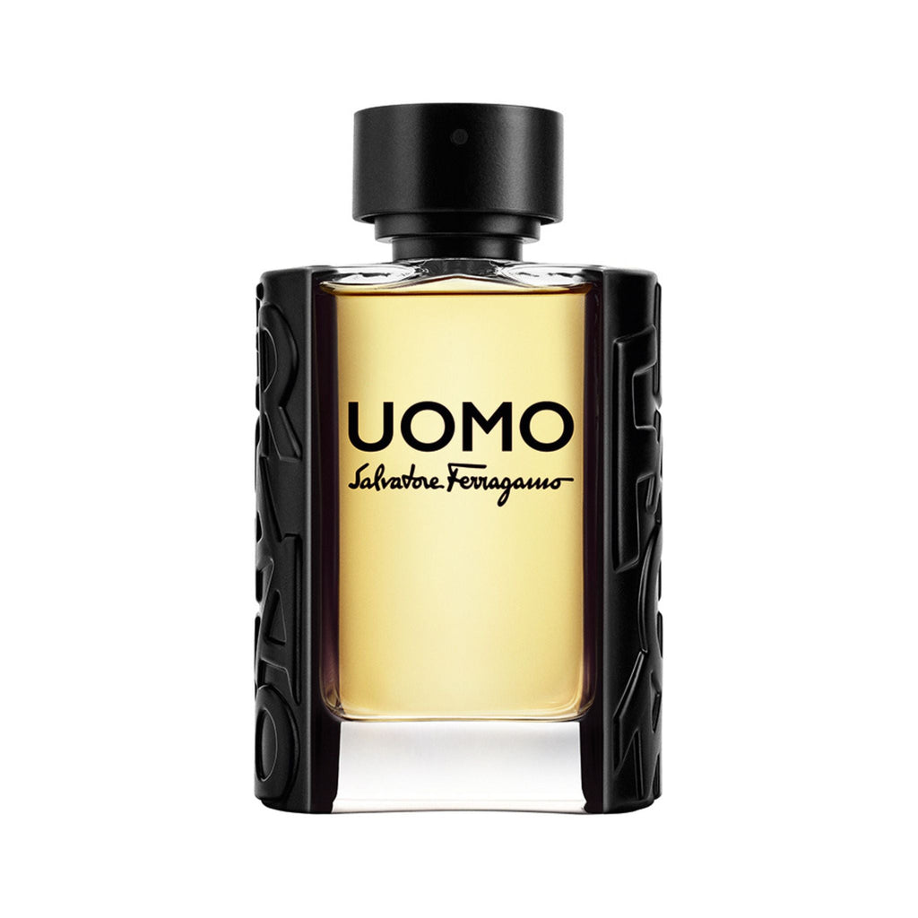 Refect Beauty Salvatore Ferragamo Uomo Eau de Toilette bottle with amber fragrance and black textured side panels