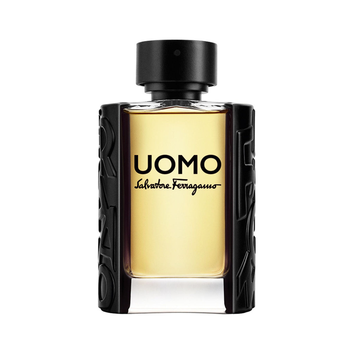 Refect Beauty Salvatore Ferragamo Uomo Eau de Toilette bottle with amber fragrance and black textured side panels