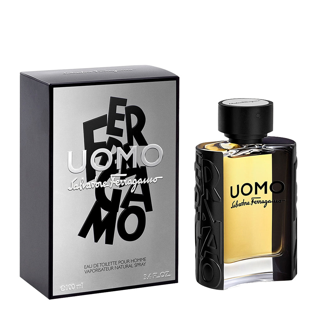 Refect Beauty Salvatore Ferragamo Uomo Eau de Toilette bottle and box featuring amber fragrance and black accents.