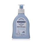 Refect Beauty Sanosan Baby Bath & Shampoo 2-in-1 gentle cleanser in a light blue pump bottle with milk protein