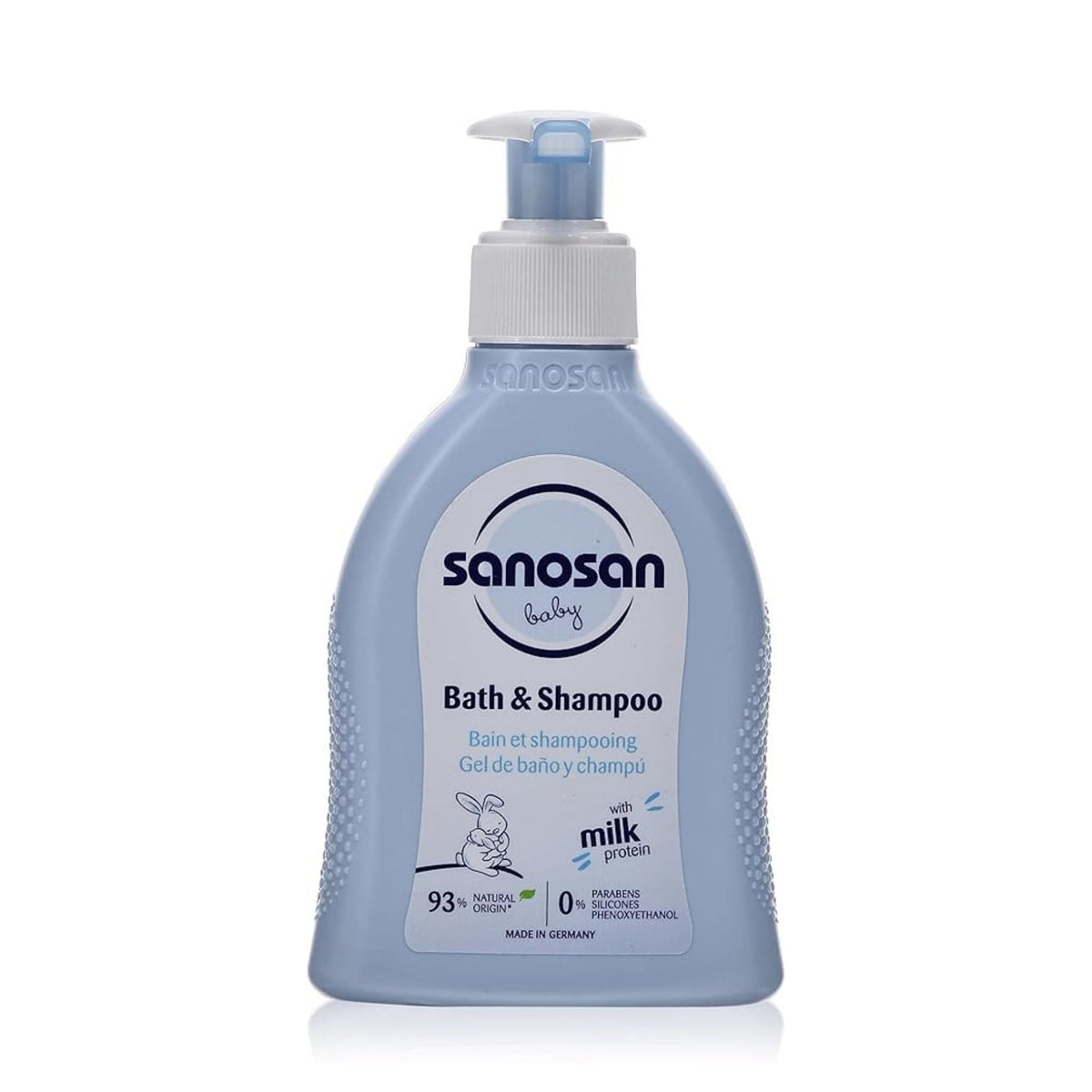Refect Beauty Sanosan Baby Bath & Shampoo 2-in-1 gentle cleanser in a light blue pump bottle with milk protein