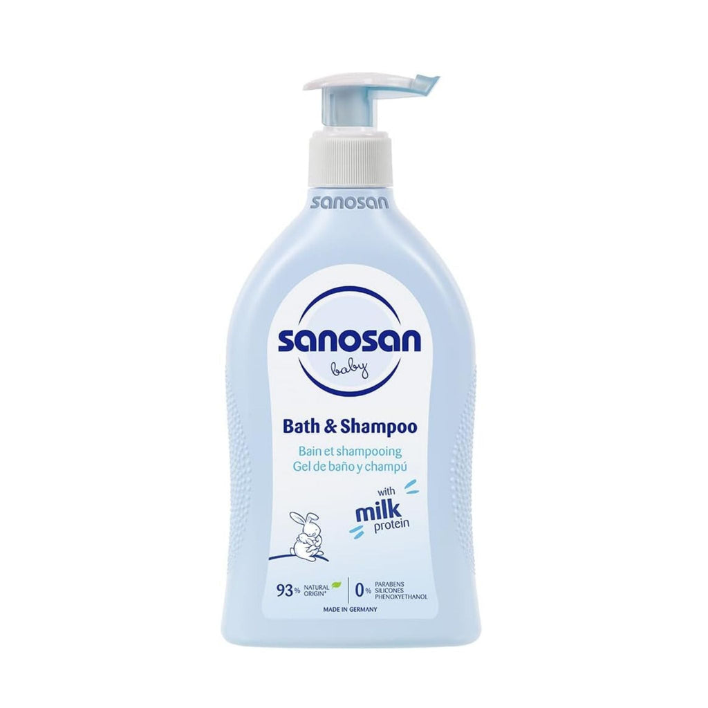 Refect Beauty Sanosan Baby Bath & Shampoo in a light blue pump bottle for gentle cleansing of delicate skin and hair.