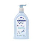 Refect Beauty Sanosan Baby Bath & Shampoo in a light blue pump bottle for gentle cleansing of delicate skin and hair.