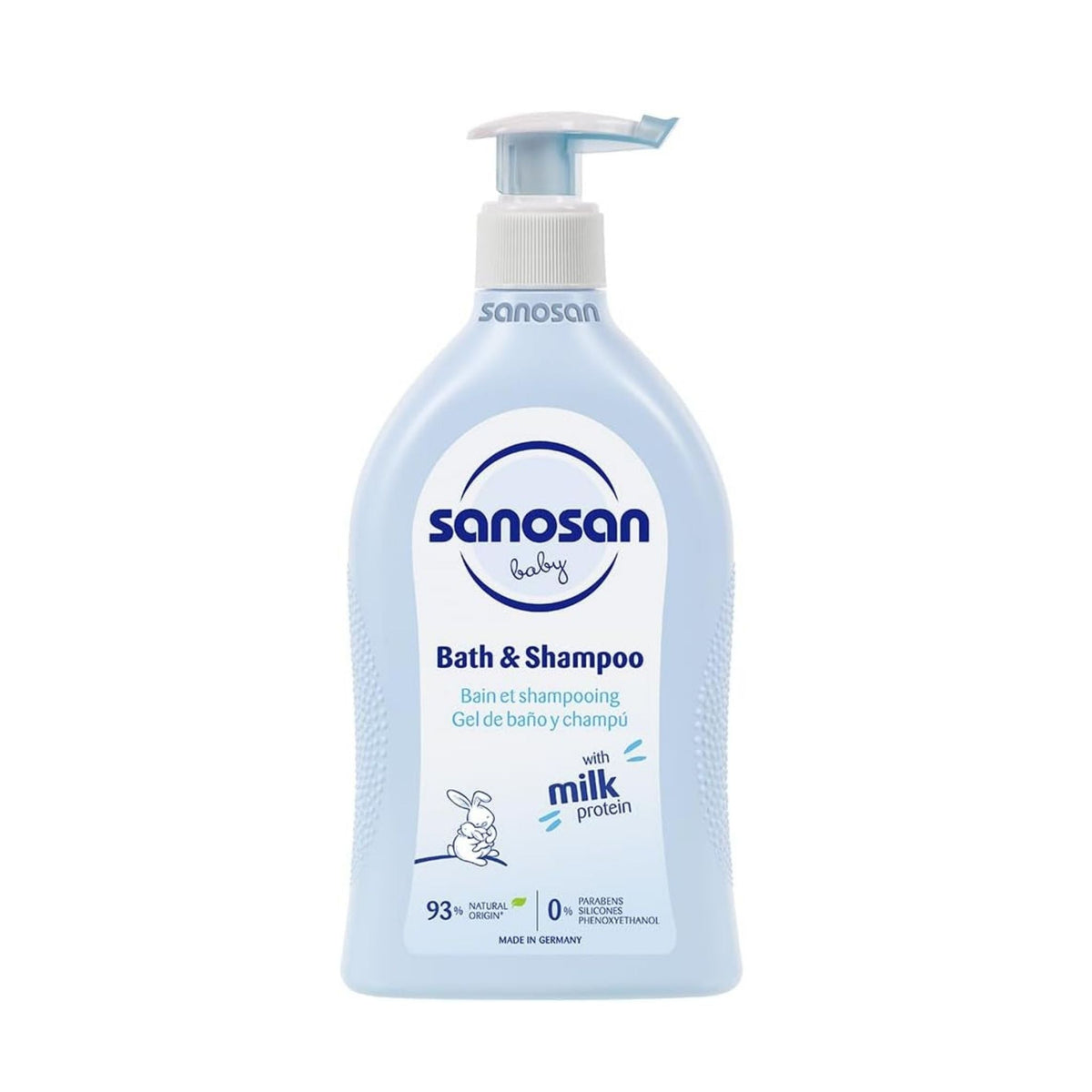 Refect Beauty Sanosan Baby Bath & Shampoo in a light blue pump bottle for gentle cleansing of delicate skin and hair.