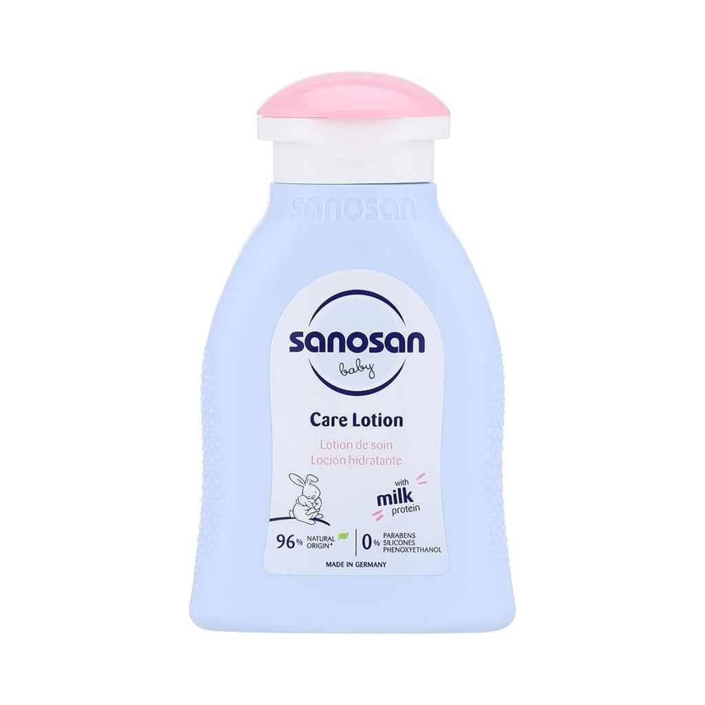 Refect Beauty Sanosan Baby Care Lotion in a light blue bottle with a pink cap for gentle moisturizing.