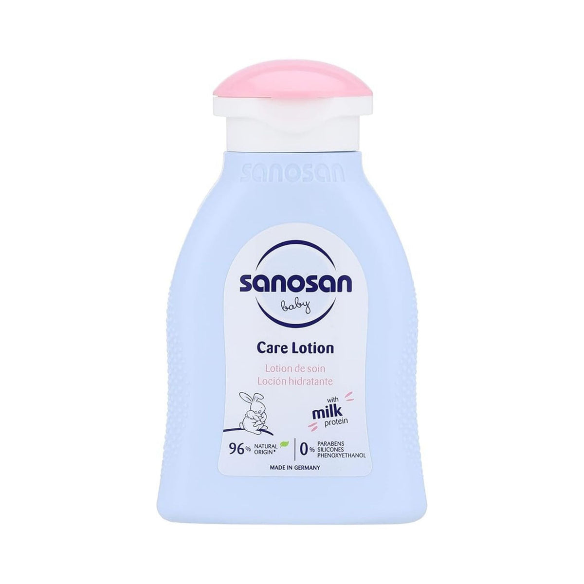 Refect Beauty Sanosan Baby Care Lotion in a light blue bottle with a pink cap for gentle moisturizing.