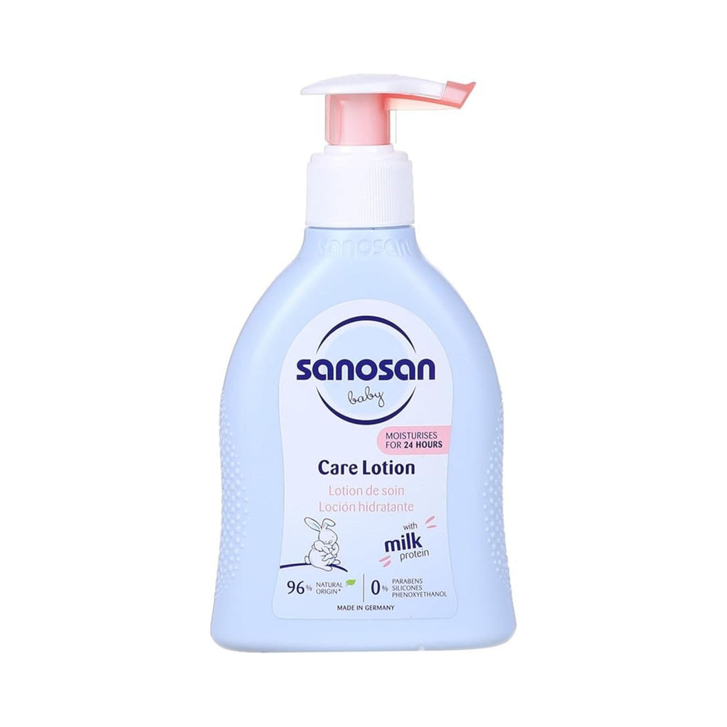 Refect Beauty Sanosan baby care lotion in a light blue bottle with a pump dispenser for sensitive skin hydration.