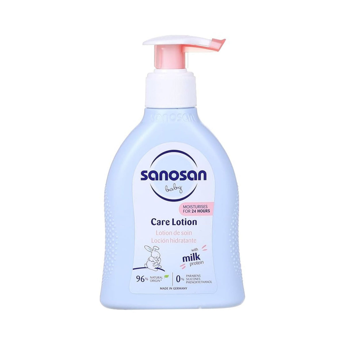 Refect Beauty Sanosan baby care lotion in a light blue bottle with a pump dispenser for sensitive skin hydration.