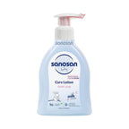 Refect Beauty Sanosan Baby Care Lotion in a light blue pump bottle with milk protein for 24-hour hydration