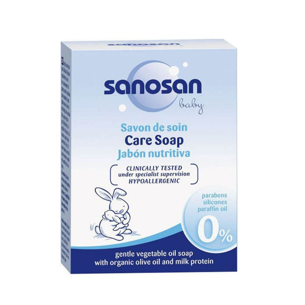 Refect Beauty Sanosan Baby Care Soap box with gentle formula for sensitive skin, featuring organic olive oil