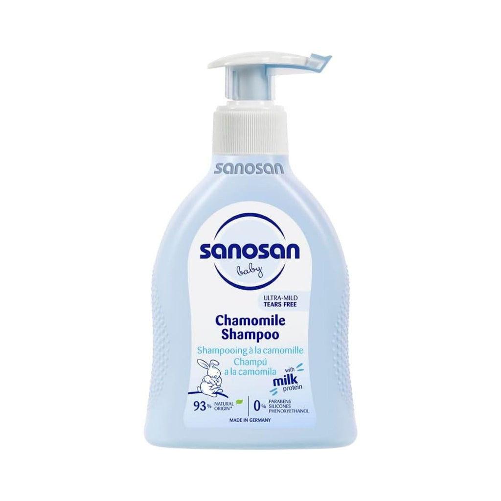 Refect Beauty Sanosan Baby Chamomile Shampoo in a light blue pump bottle for gentle hair care.