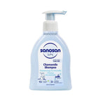 Refect Beauty Sanosan Baby Chamomile Shampoo in a light blue pump bottle for gentle hair care.