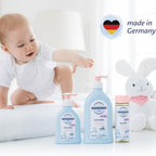 Refect Beauty Sanosan baby care lotion bottles with a baby and plush toy in a bright, clean nursery setting.
