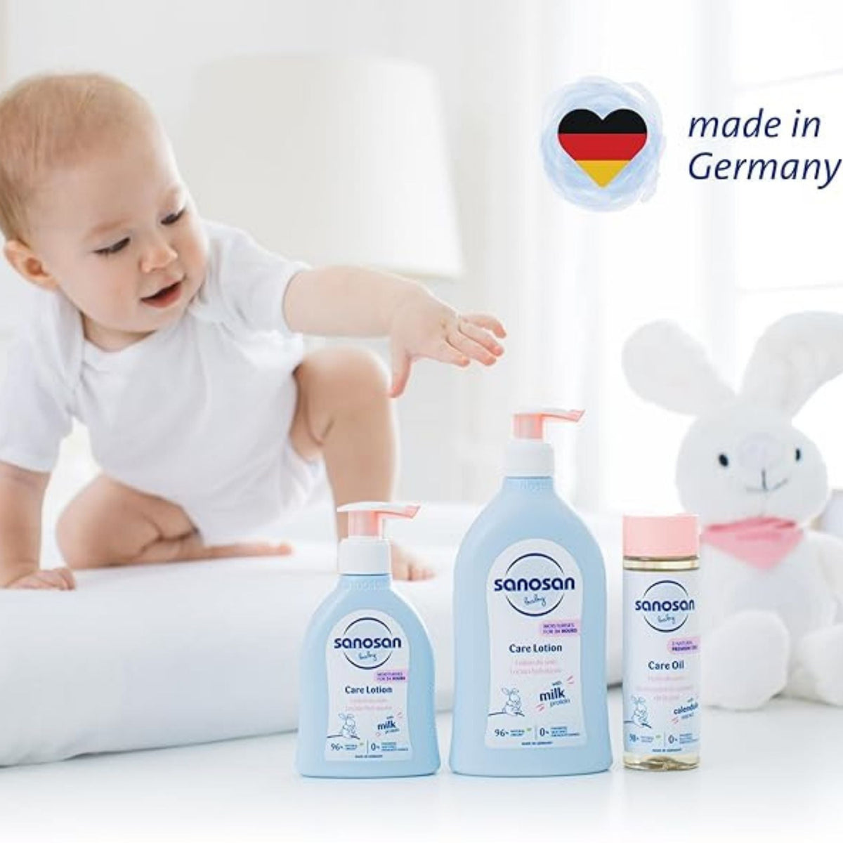 Refect Beauty Sanosan baby care lotion bottles with a baby and plush toy in a bright, clean nursery setting.