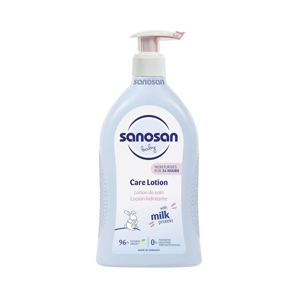 Refect Beauty Sanosan baby care lotion in a light blue pump bottle for moisturizing sensitive skin