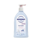 Refect Beauty Sanosan baby care lotion in a light blue pump bottle for moisturizing sensitive skin
