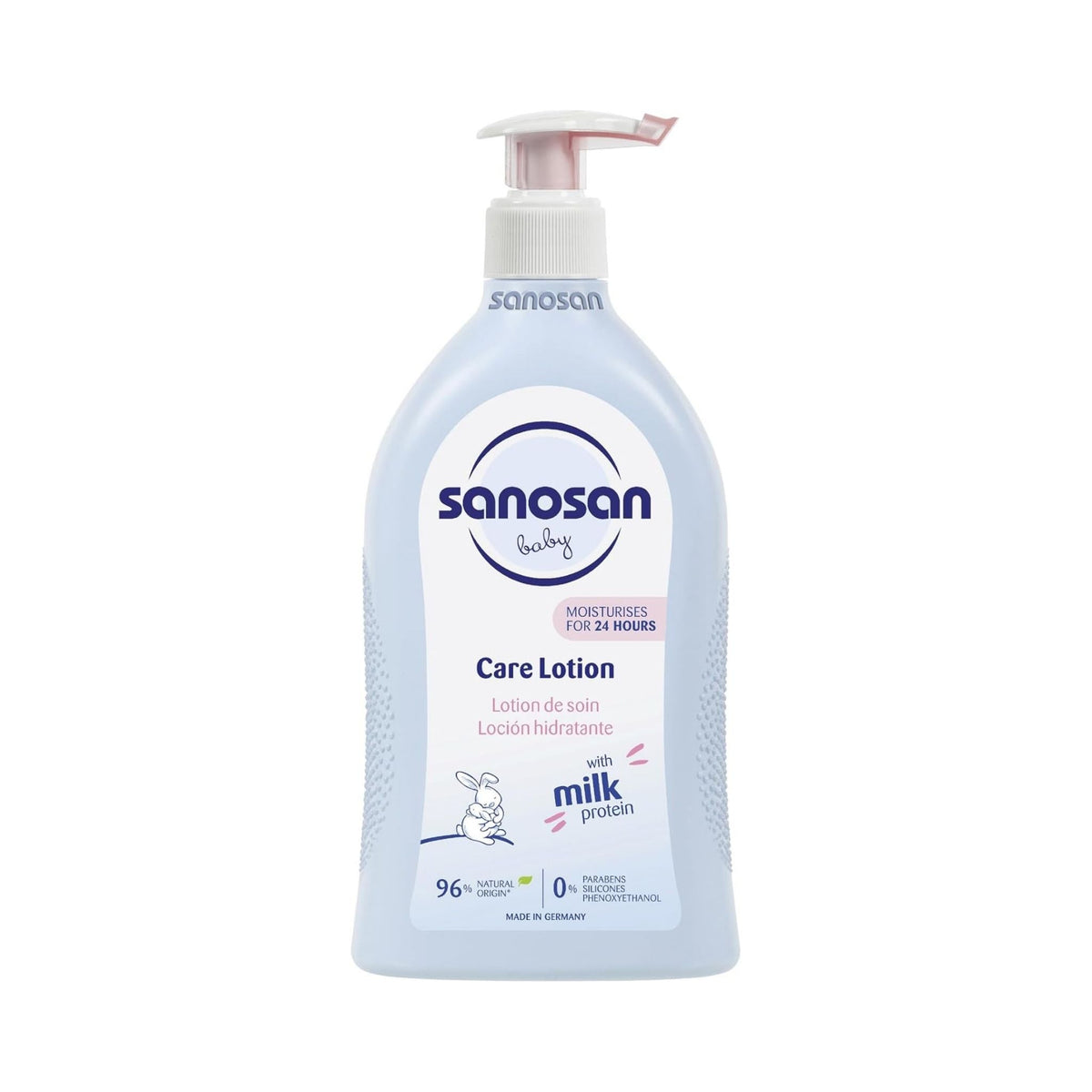 Refect Beauty Sanosan baby care lotion in a light blue pump bottle for moisturizing sensitive skin
