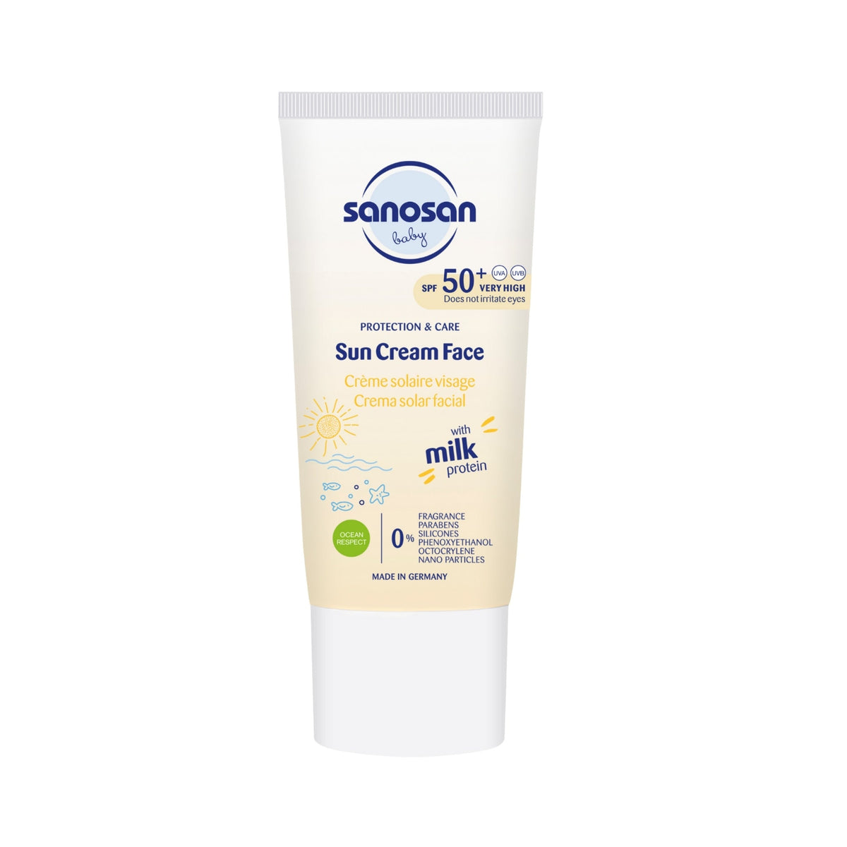Refect Beauty Sanosan baby face sun cream SPF 50+ in a white tube with milk protein for sensitive skin protection