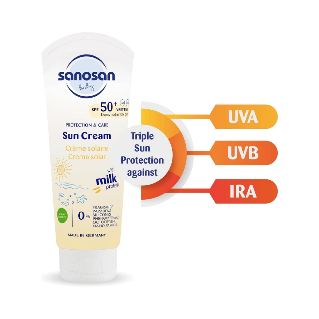 Refect Beauty Sanosan Baby Sun Cream SPF 50+ tube with triple protection against UVA, UVB, and IRA rays.
