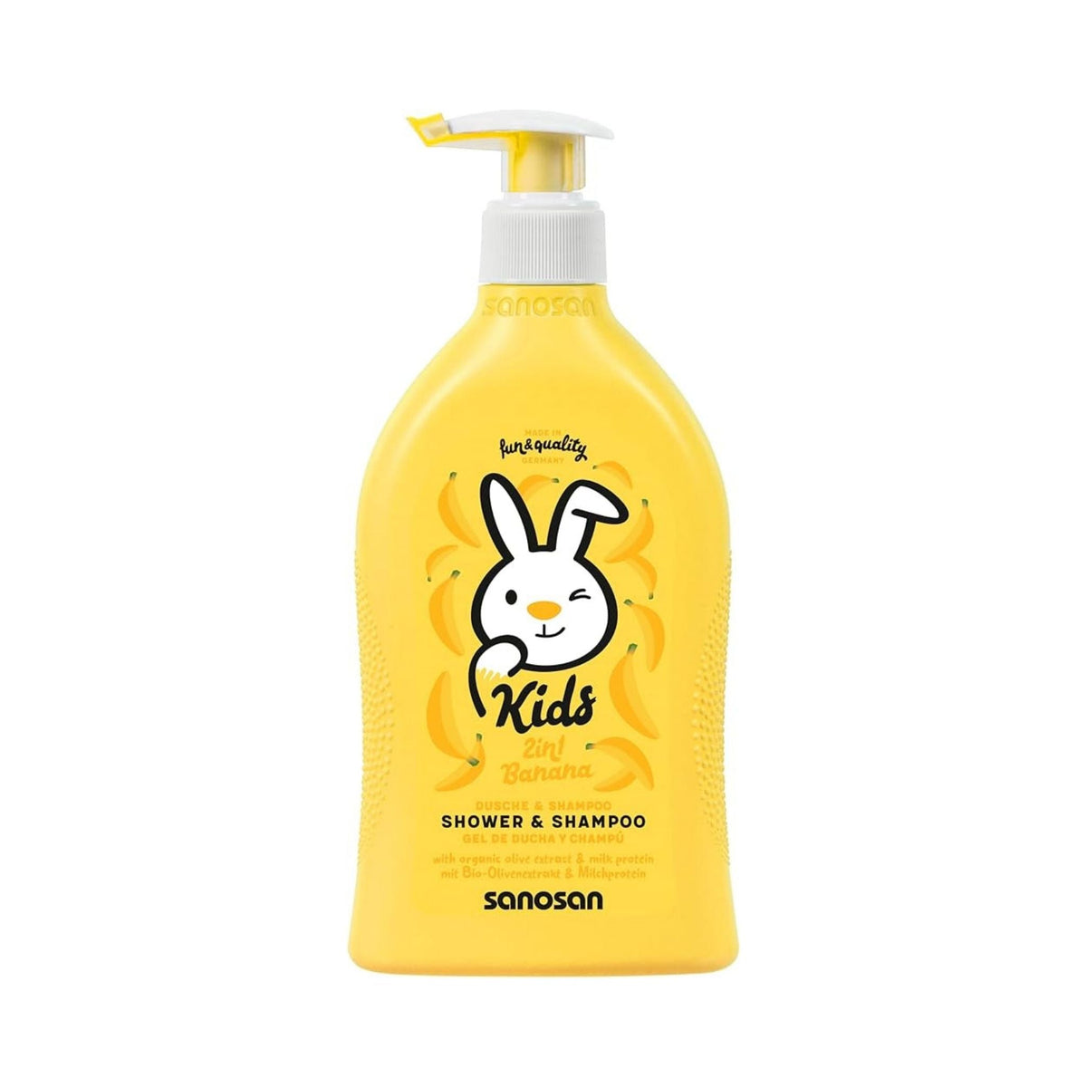 Refect Beauty Sanosan Kids 2-in-1 banana scented shower and shampoo bottle with a cute rabbit character design