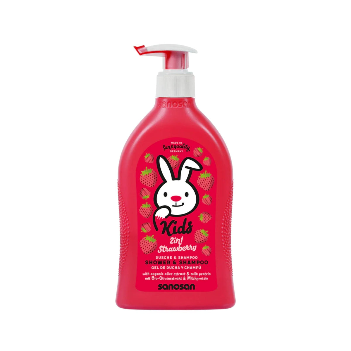 Refect Beauty Sanosan Kids 2-in-1 strawberry shower and shampoo bottle with a cute rabbit illustration