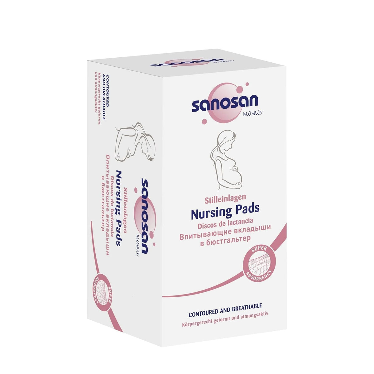 Refect Beauty Sanosan nursing pads box featuring a contoured and breathable design for breastfeeding mothers.