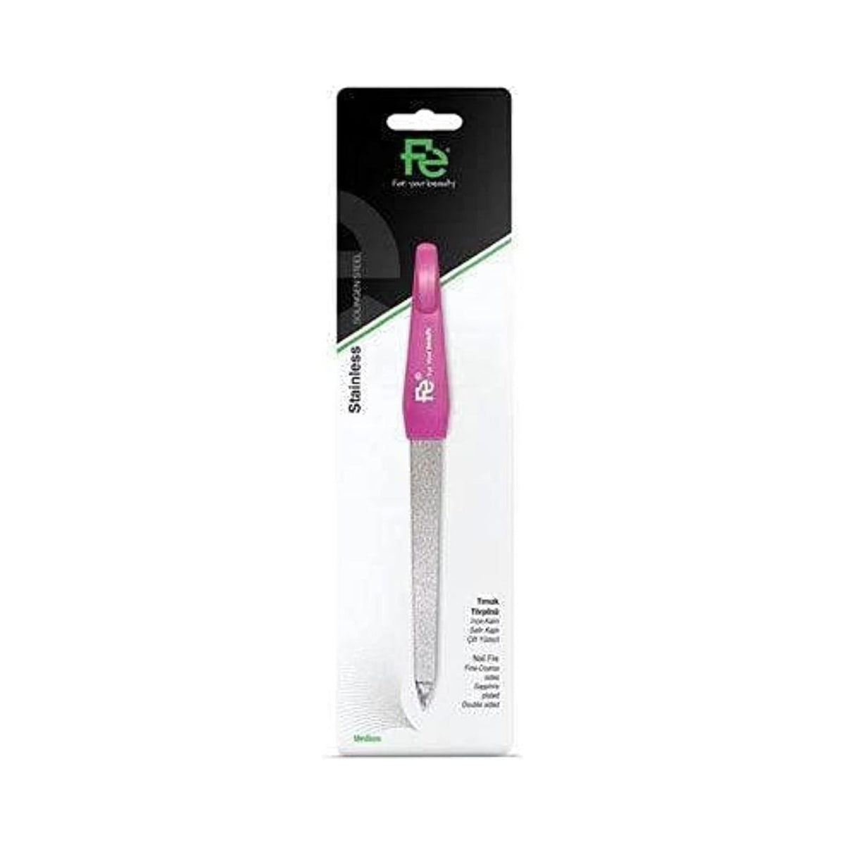 Refect Beauty Fe medium sapphire plated nail file with a pink handle and durable stainless Solingen steel surface.