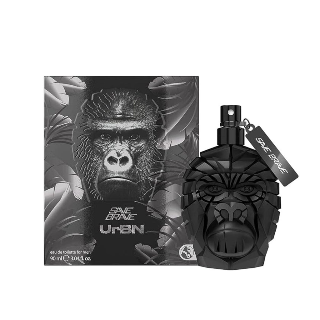 Refect Beauty Save Brave UrBN eau de toilette for men in a black gorilla-shaped bottle with matching gift box