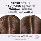 Refect Beauty before and after comparison of hair scalp showing cleaner roots and hydrated lengths after using serum