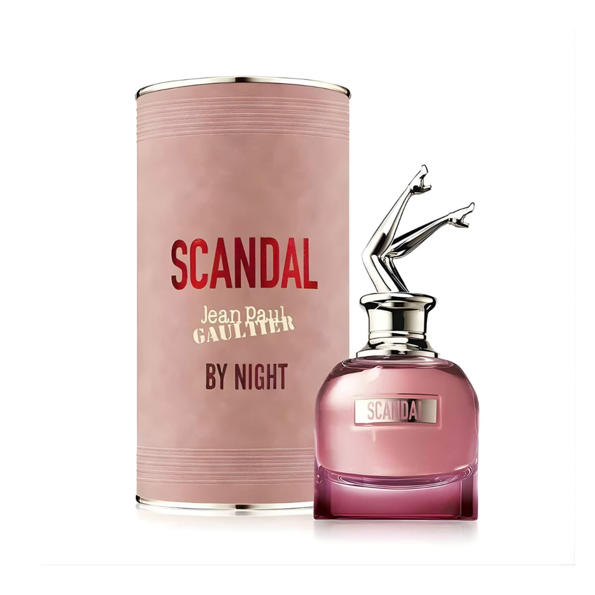 Refect Beauty Jean Paul Gaultier Scandal By Night perfume bottle and cylindrical pink box with iconic leg topper