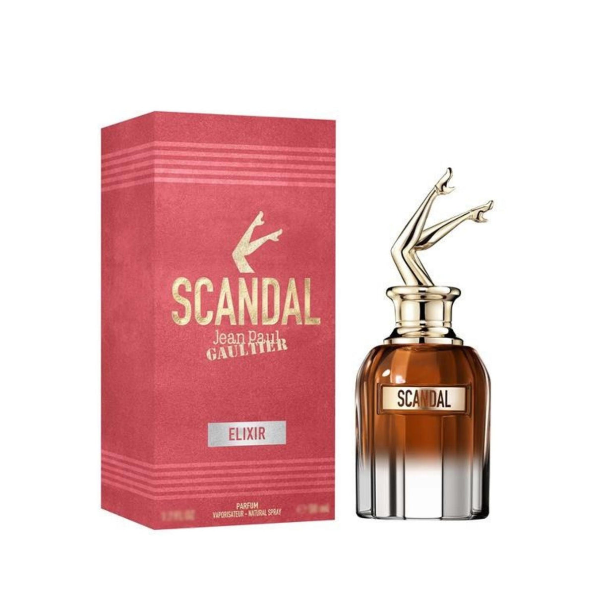 Refect Beauty Jean Paul Gaultier Scandal Elixir Parfum bottle with iconic gold legs cap next to its red box