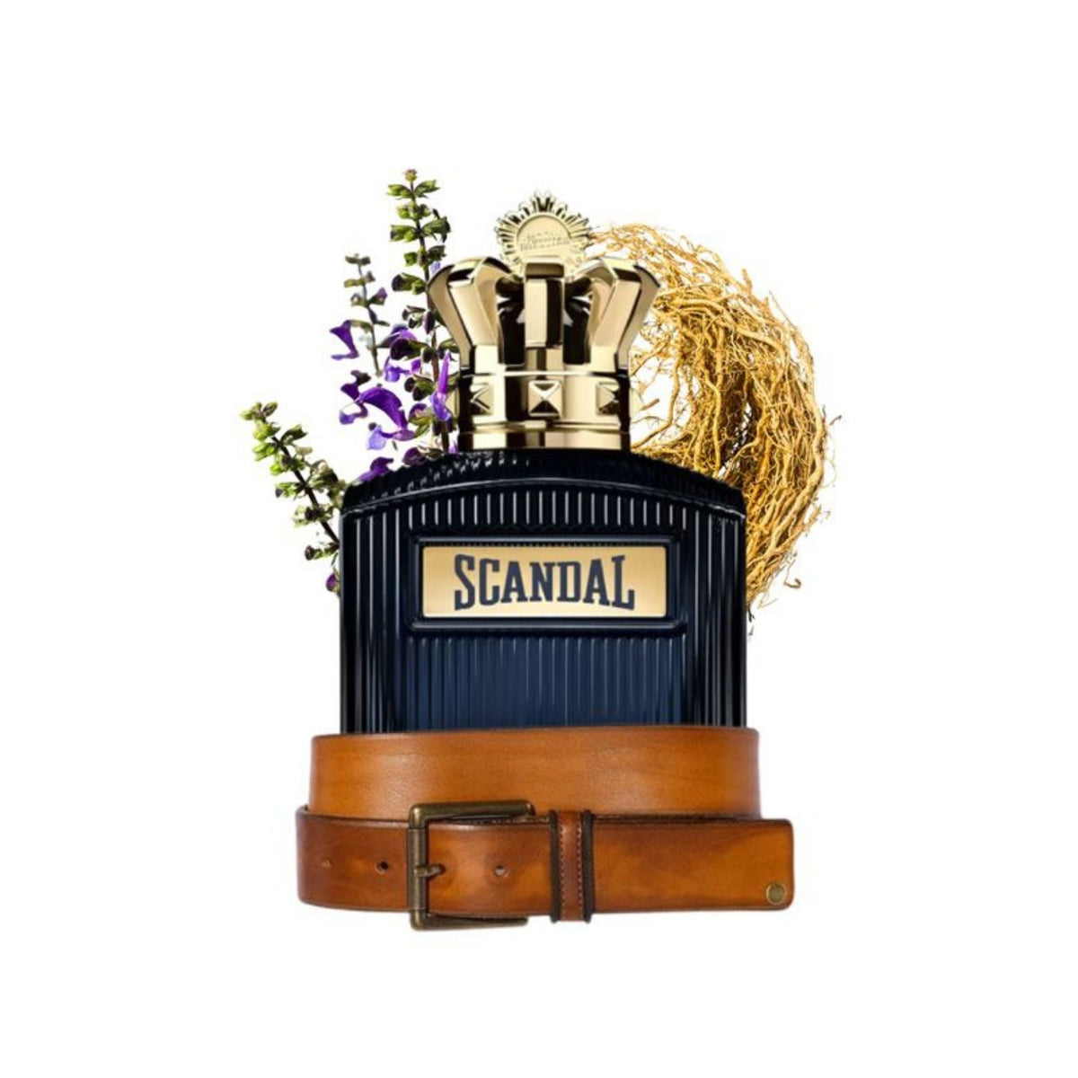 Refect Beauty Jean Paul Gaultier Scandal Pour Homme Intense bottle with gold crown cap, leather belt, and botanicals.