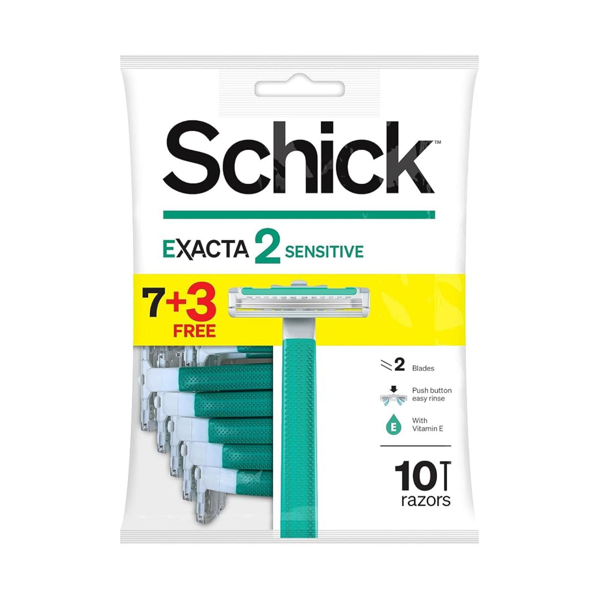 Refect Beauty Schick Intuition Exacta 2 Sensitive disposable razors in a 10-pack with green handles and twin blades.