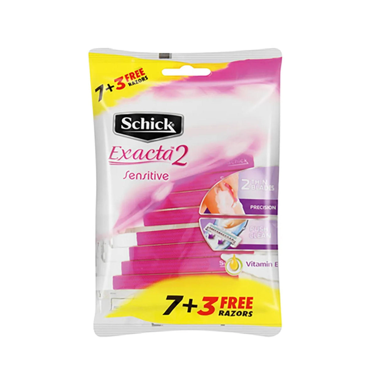 Refect Beauty Schick Exacta 2 Sensitive disposable razors in a 10 pack with pink handles and twin blades.