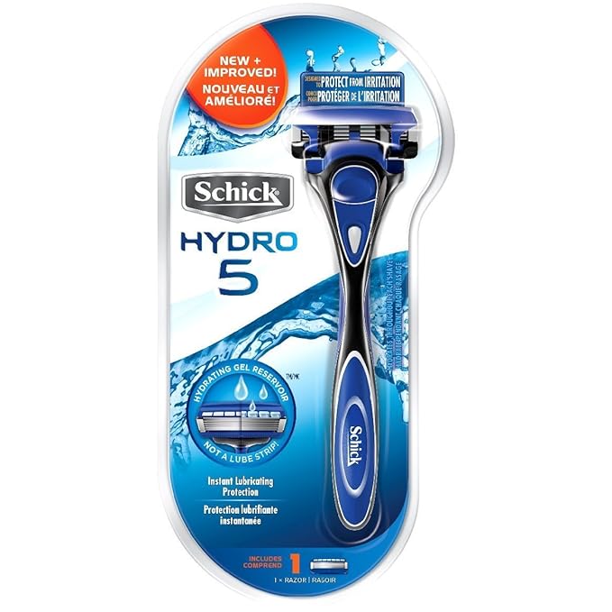 Refect Beauty Schick Hydro 5 razor handle with blue and chrome finish and one cartridge in original retail packaging