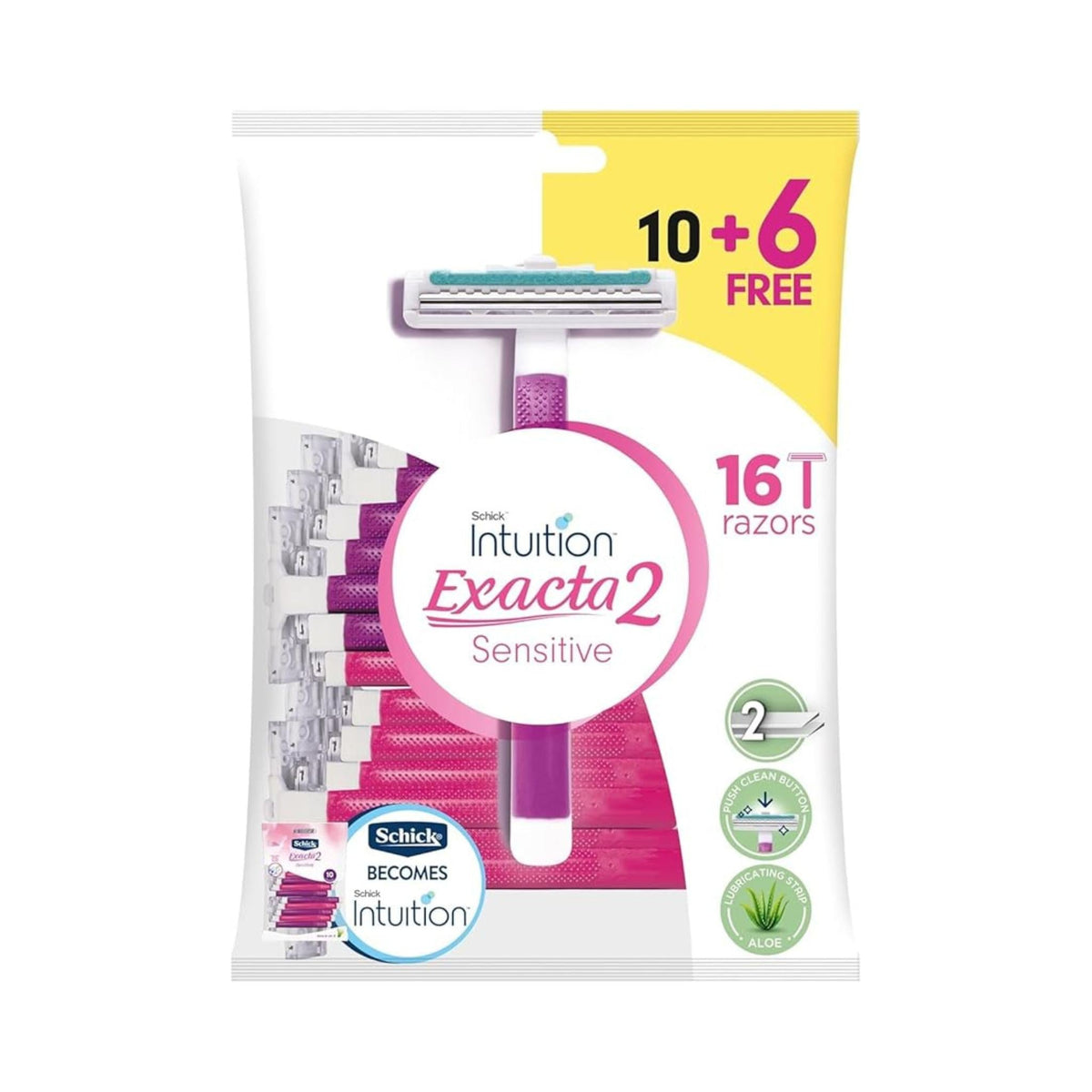 Refect Beauty Schick Intuition Exacta 2 Sensitive disposable razors pack of 16 with aloe vera and ceramic blades