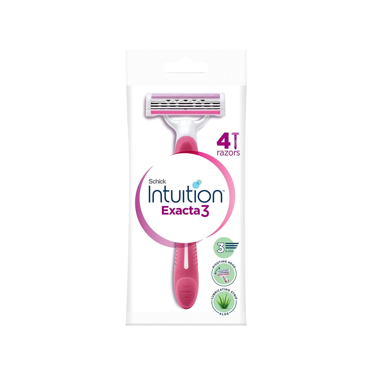 Refect Beauty Schick Intuition Exacta 3 women's razor pack featuring a triple-blade system with aloe lubricating strip