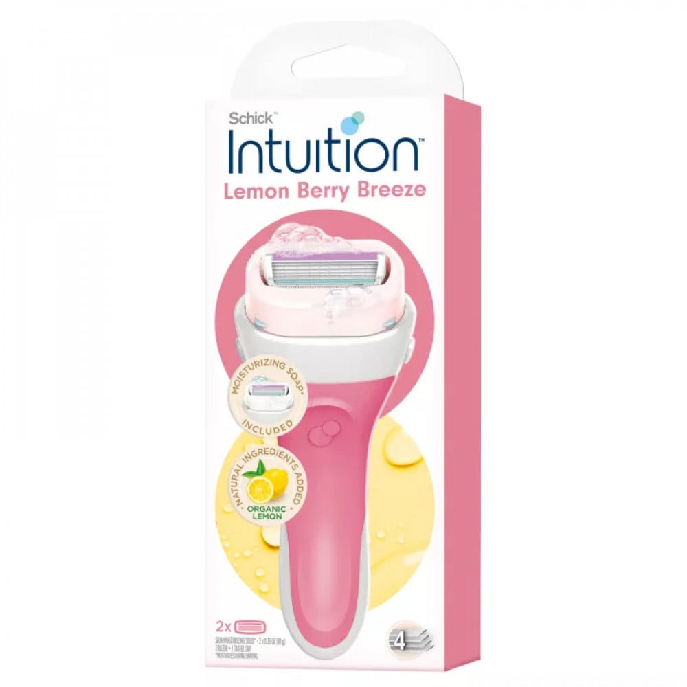 Refect Beauty Schick Intuition Lemon Berry Breeze razor kit with moisturizing soap bar and two refills in pink packaging