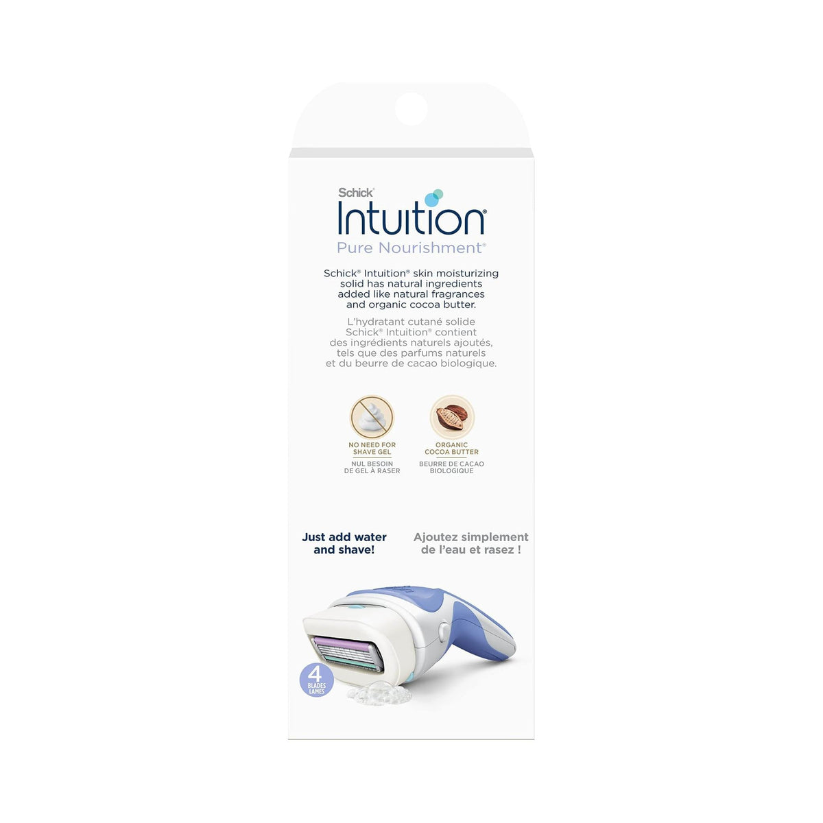 Refect Beauty Schick Intuition Pure Nourishment razor packaging featuring a 4-blade pivoting head and moisturizing bar