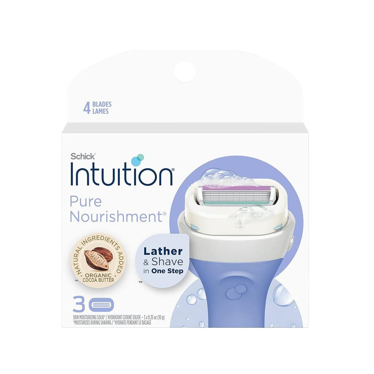 Refect Beauty Schick Intuition Pure Nourishment razor refill pack with 3 blades featuring a moisturizing solid.