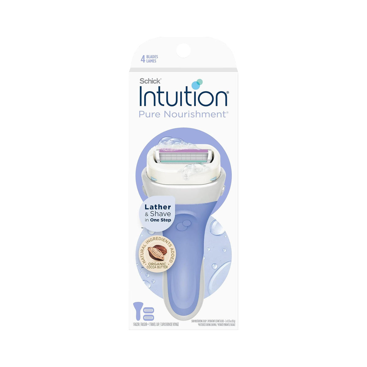 Refect Beauty Schick Intuition Pure Nourishment women's razor kit with moisturizing cocoa butter bar and 4 blades.