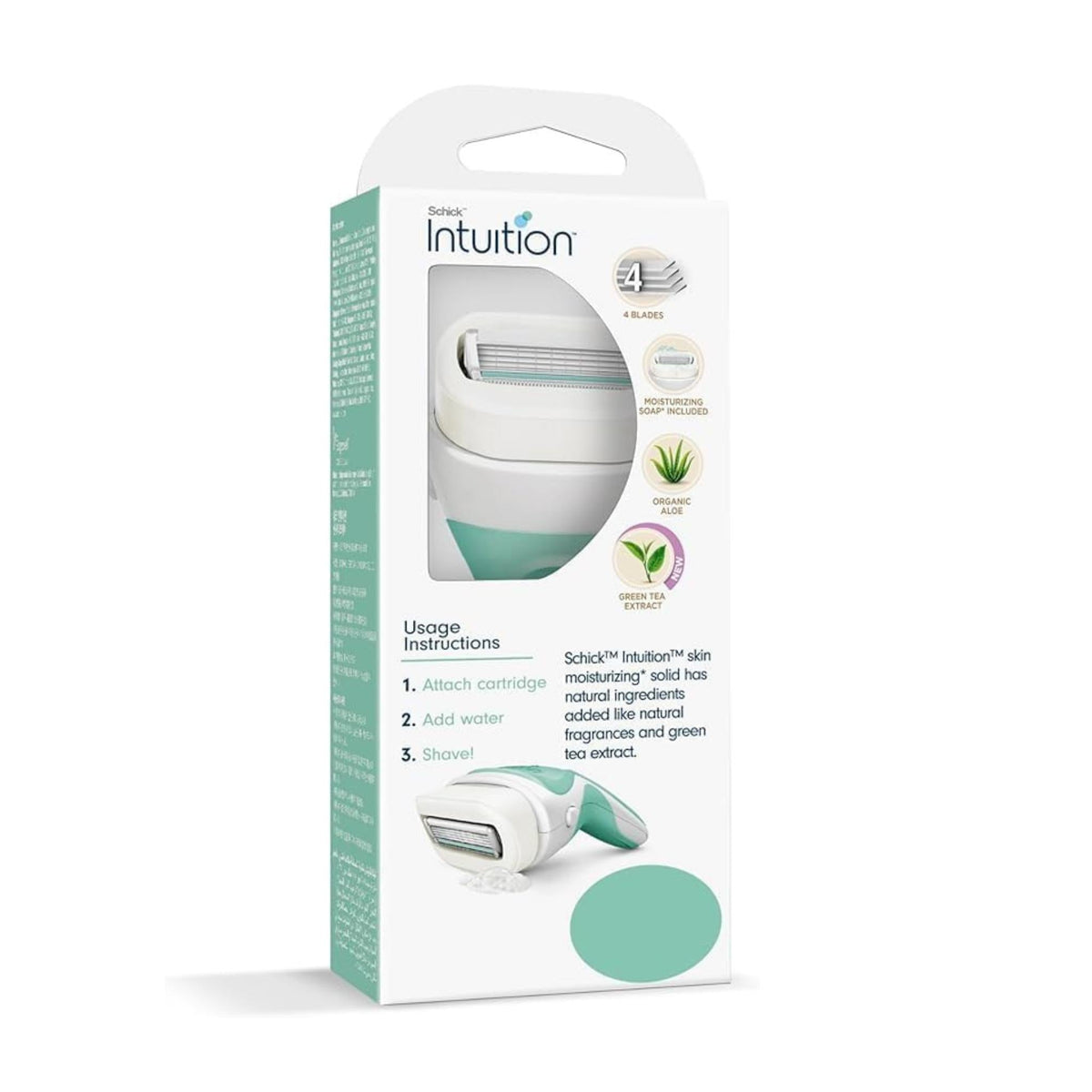 Refect Beauty Schick Intuition Sensitive Care razor kit with 4-blade head and moisturizing organic aloe soap solid