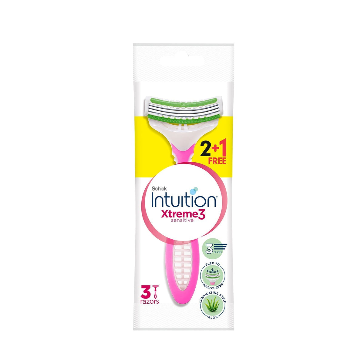 Refect Beauty Schick Intuition Xtreme 3 Sensitive disposable razors for women with triple-blade head and aloe strip.