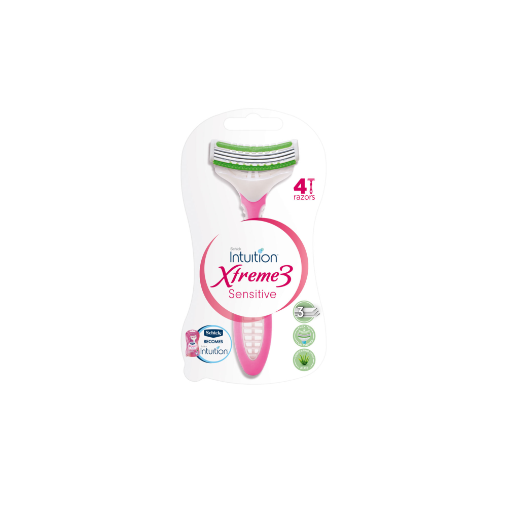 Refect Beauty Schick Intuition Xtreme 3 Sensitive disposable razor with triple-blade head and ergonomic pink handle